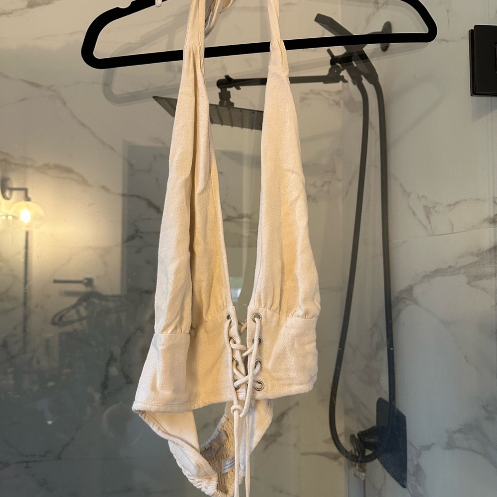 Indah Cream Lace-Up Crop Top